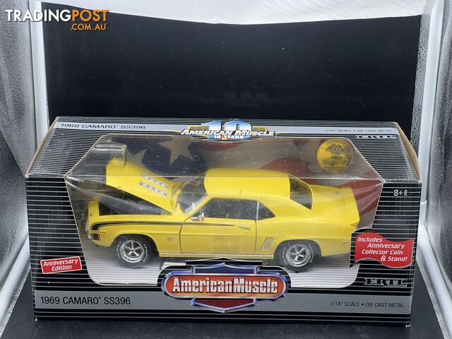 1/18 scale American Muscle diecast yellow 1969 Camaro SS396 Anniversay model inc coin & stand