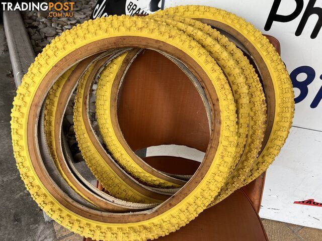 BMX Genuine Vintage Yellow Tyres four(4) NOS $20 for all 4