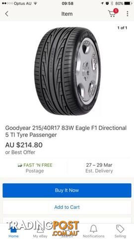 215/40/17 GoodYear Eagle 1 TYRES / 215 new for one - photo 5 of 5