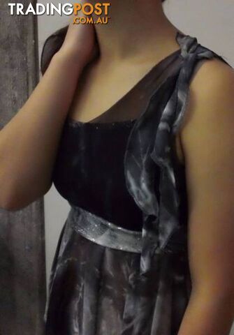 DANCE COSTUME--TIE DYE MESH GREY DRESS & DARK GREY BIKE SHORTS - photo 5 of 7