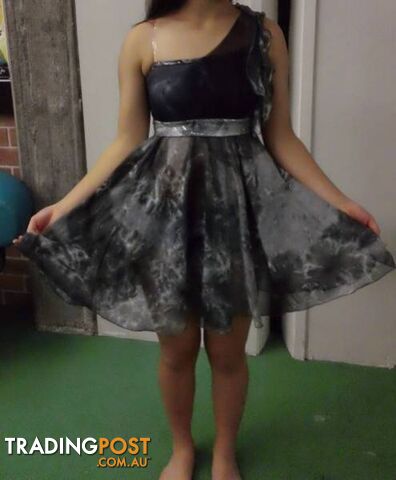 DANCE COSTUME--TIE DYE MESH GREY DRESS & DARK GREY BIKE SHORTS - photo 3 of 7