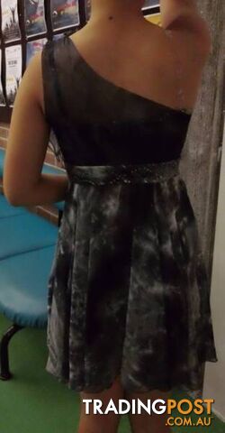 DANCE COSTUME--TIE DYE MESH GREY DRESS & DARK GREY BIKE SHORTS - photo 2 of 7