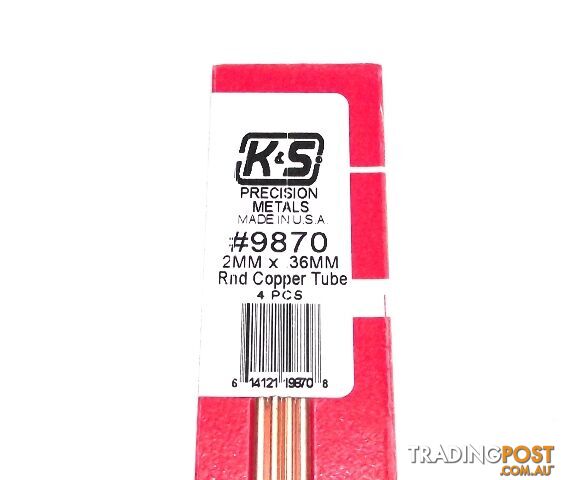 K&S METAL #9870 COPPER ROUND TUBE 2X300MM 4PCS - K & S METALS