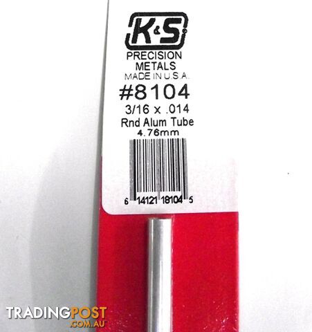K&S METAL ROUND #8104 3/16' OD  ALUMINIUM TUBE 1PC - K &amp; S METALS