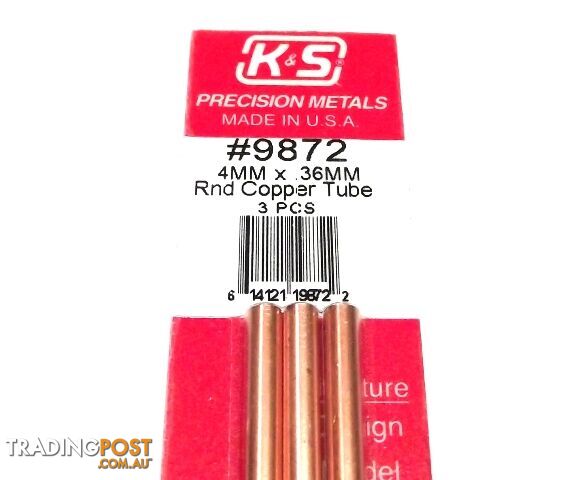K&S METAL #9872 COPPER ROUND TUBE 4X300MM 3PCS - K & S METALS