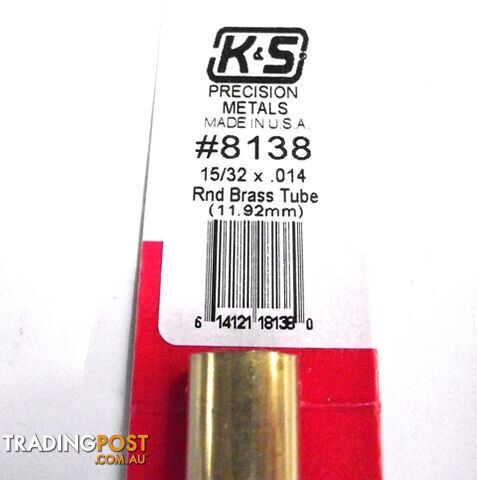 K&S METAL #8138 15/32' OD BRASS TUBE 1PC - K & S METALS
