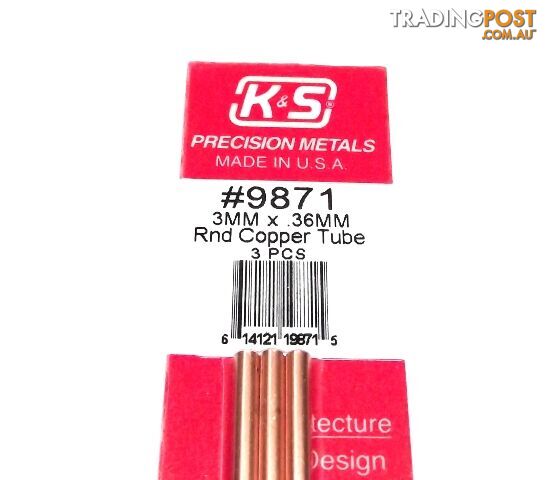 K&S METAL #9871 COPPER ROUND TUBE 3X300MM 3PCS - K & S METALS