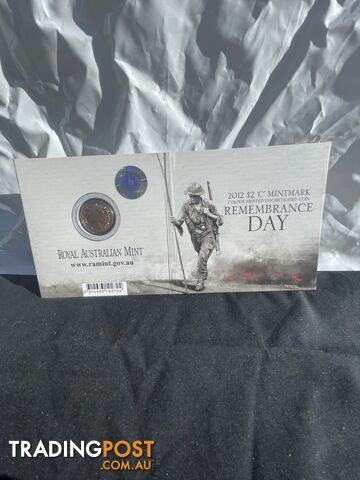 2012 $2 red Poppy C mintmark coin Uncirculated carded coloured two dollar poppy...