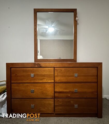 Solid timber dressing table with six equal drawers and large timber framed mirror