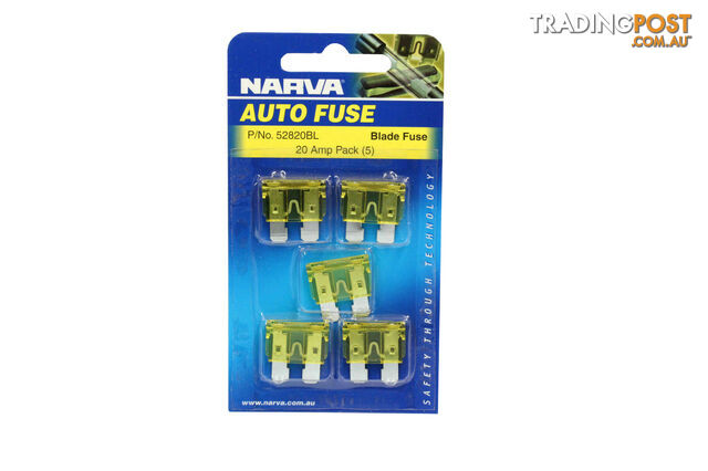 NARVA 20 Amp YELLOW ATS Blade Fuse - 5 Per Pack. 52820BL