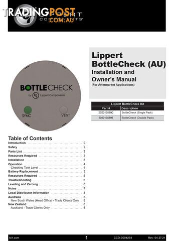 LCI Lippert Bottlecheck Bluetooth GAS Gauge - Twin Sensor Kit. - photo 2 of 2