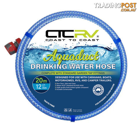 COAST RV Aquaduct 20m Blue Drinking Water Hose with Kit Fittings - 12mm