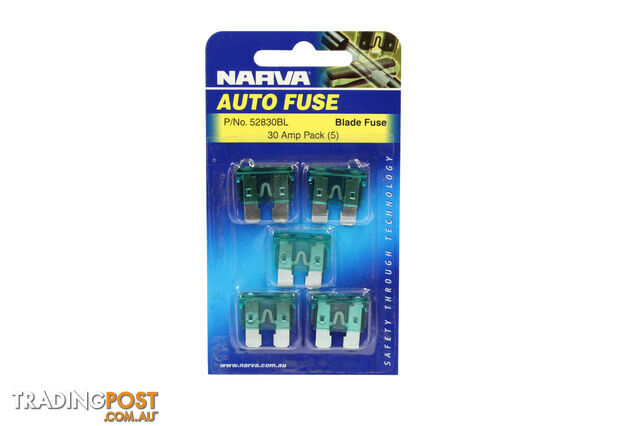 NARVA 30 Amp GREEN ATS Blade Fuse - 5 Per Pack. 52830BL