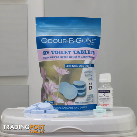 ODOUR B GONE PLUS - RV Toilet Tablets. Blue 8g - 25 Pack (Plus 10x2g MINI Oxygen...