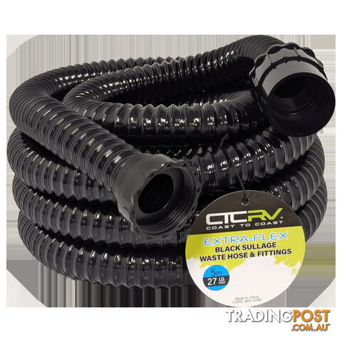 COAST RV EXTRA-FLEX Sullage Waste Hose with 40mm Fittings - 5m BLK Roll - 27mm...