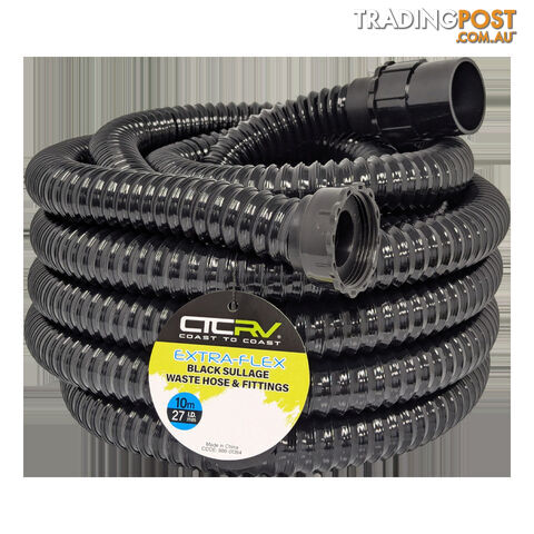 COAST RV EXTRA-FLEX Sullage Waste Hose with 40mm Fittings - 10m BLK Roll - 27mm...