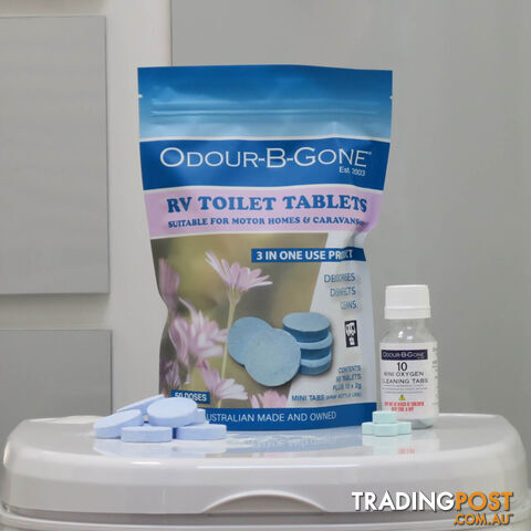 ODOUR B GONE PLUS - RV Toilet Tablets. Blue 8g - 50 Pack (Plus 10x2g MINI Oxygen...