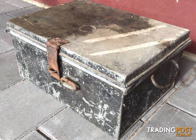 Small Black vintage Steel trunk. Inner tray. W 41cm D 31cm