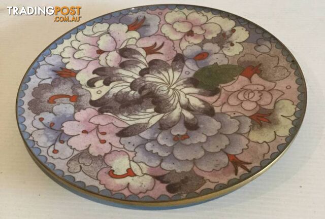 Hand painted porcelain enamel and brass plate Great colours