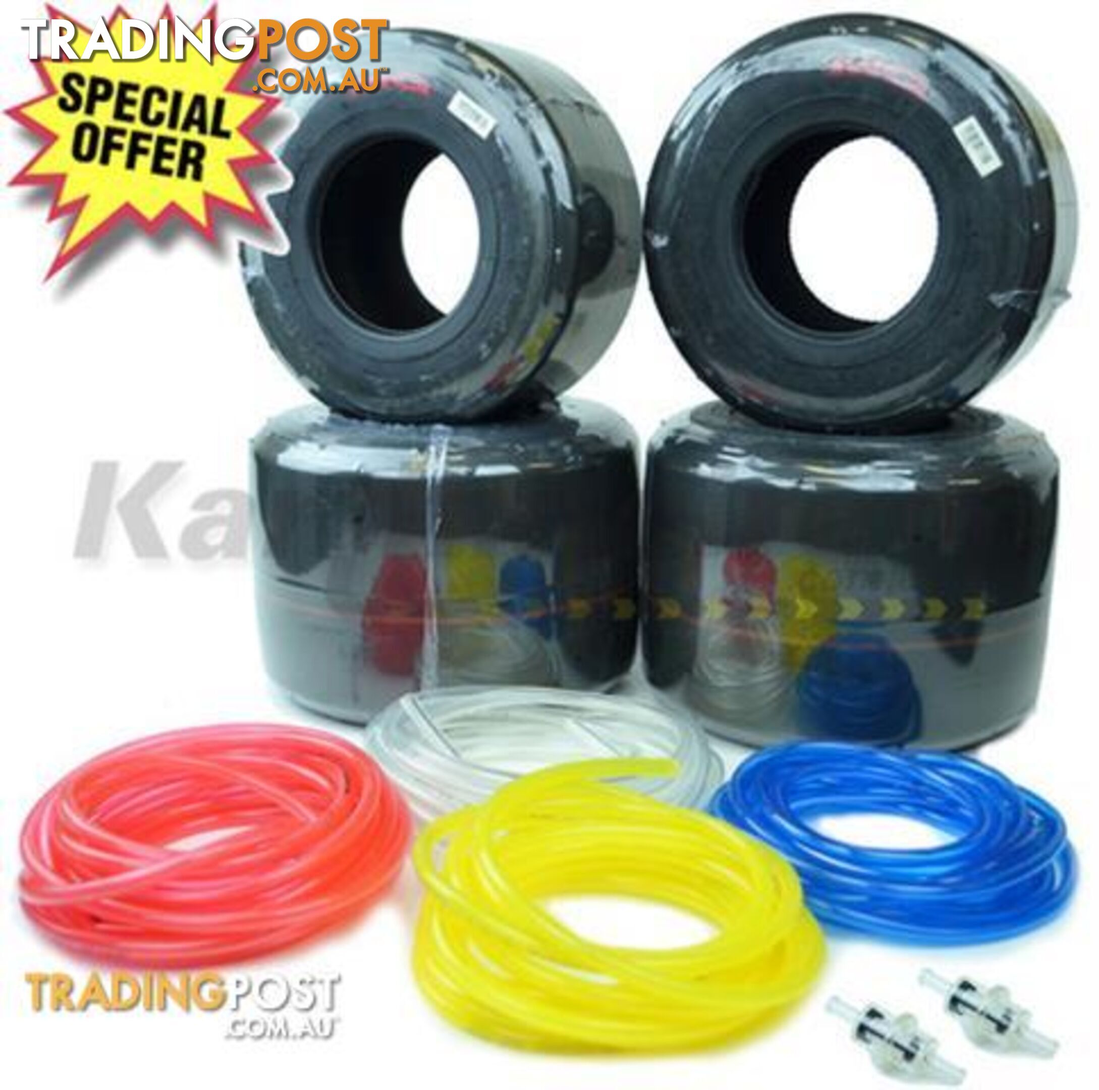 Go Kart MG Red FULL SET TYRES W/ 3M FUEL LINE AND 2 HI FLOW FUEL FILTERS Full set on MG YELLOW tyres 3m Fuel Line, your choice between red, yellow, blue or clear. Please leave a message when checking out, if no message is left a random colour will be sent
