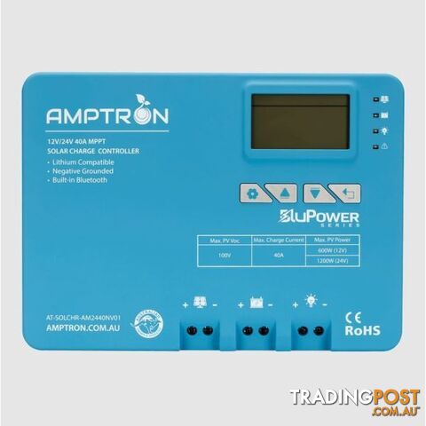 Amptron 40A MPPT Solar Charge Controller 12V 24V Bluetooth Lithium Profile