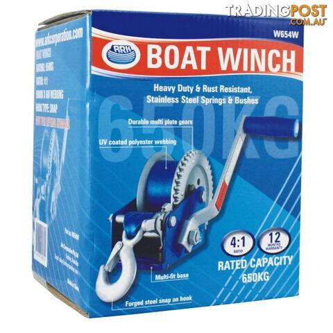 Ark W654W Heavy Duty 4:1 Medium Trailer Boat Winch 650kg rated capacity 50mm x 6m webbing