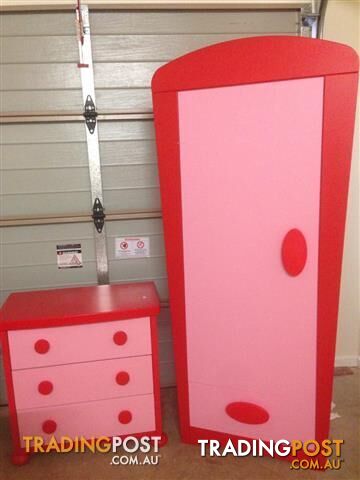 Girls pink Ikea MAMMUT wardrobe and Chester drawers. 