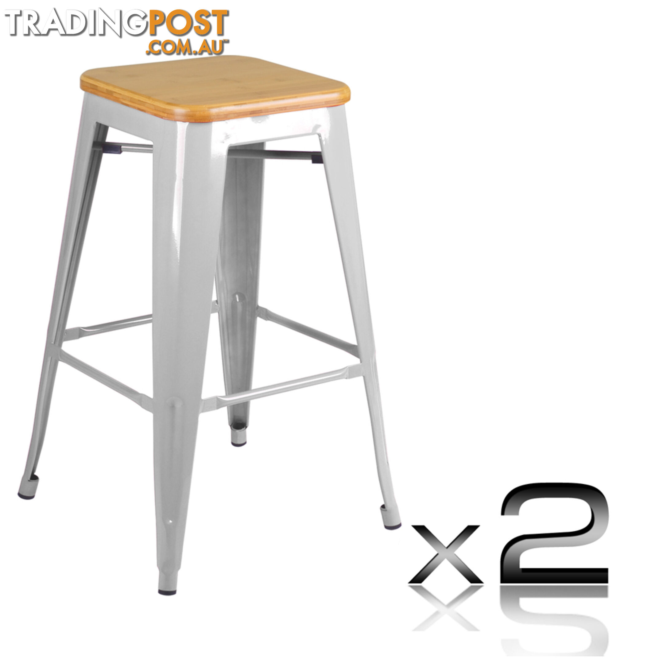 Set of 2 Replica Tolix Kitchen Bar Stool Bamboo Seat 66cm Metal