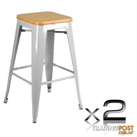 Set of 2 Replica Tolix Kitchen Bar Stool Bamboo Seat 66cm Metal