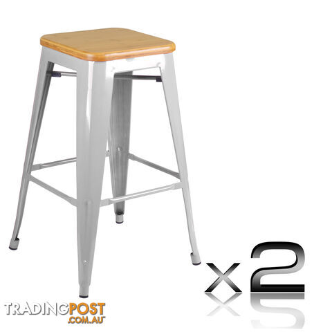 Set of 2 Replica Tolix Kitchen Bar Stool Bamboo Seat 66cm Metal