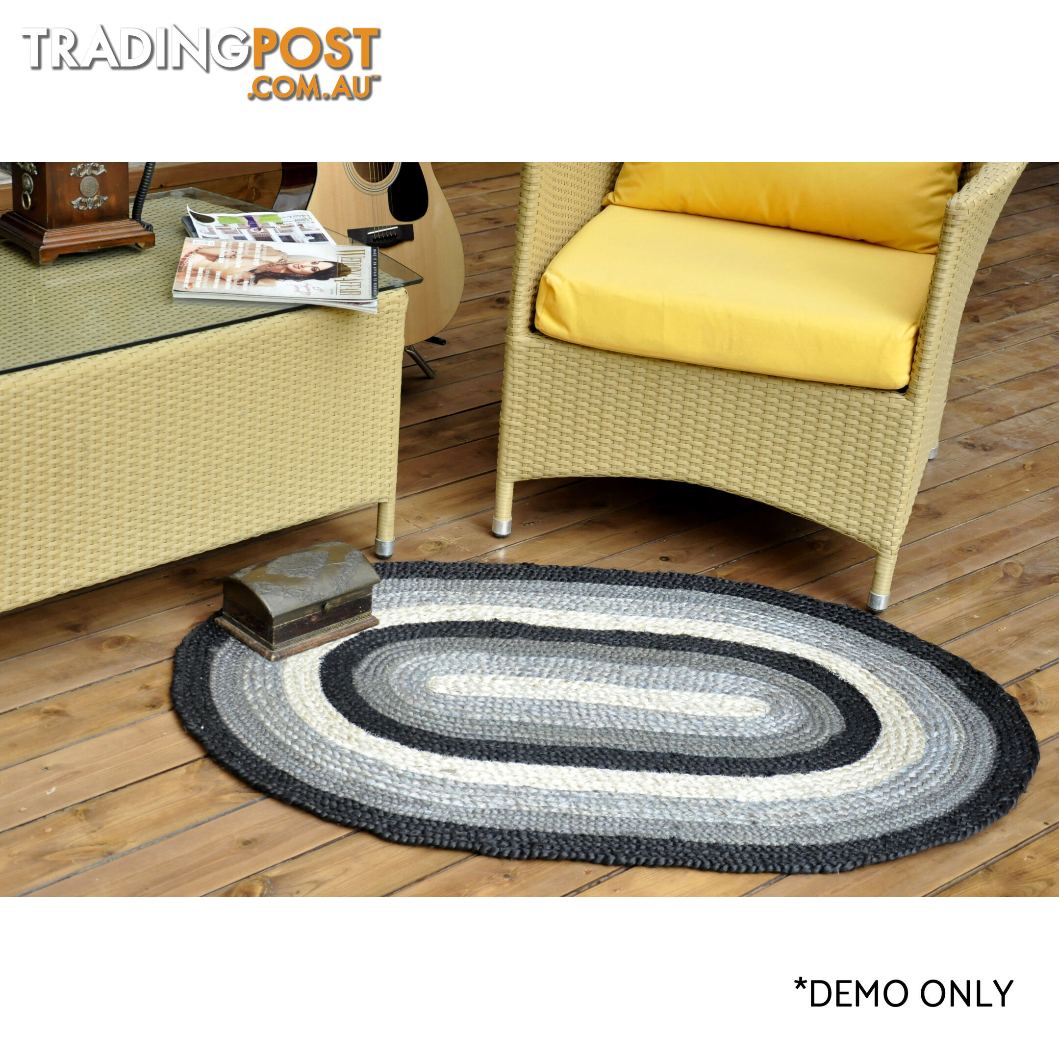 Oval Cotton Grey Rug Black & Grey 80x120cm