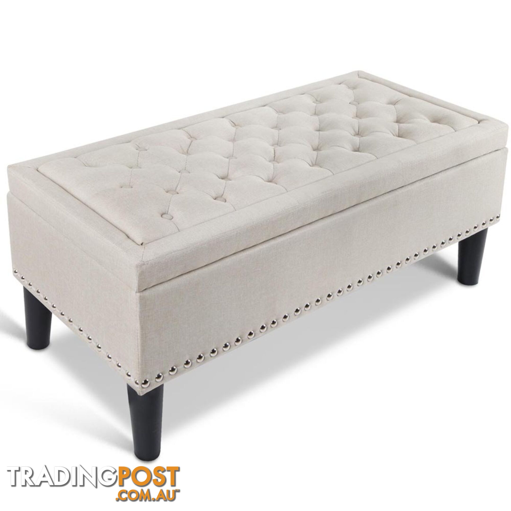 Linen Fabric Storage Ottoman with Studs _ Taupe