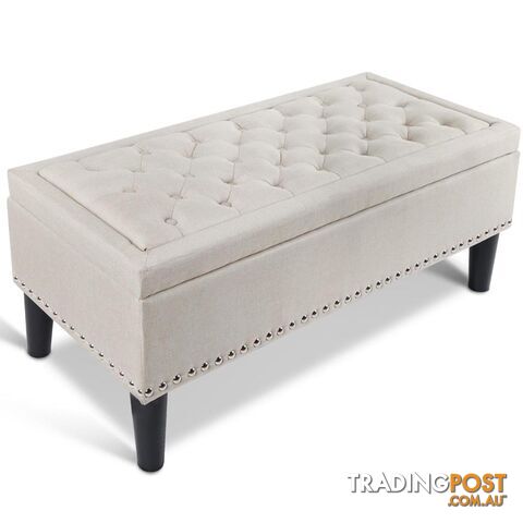 Linen Fabric Storage Ottoman with Studs _ Taupe