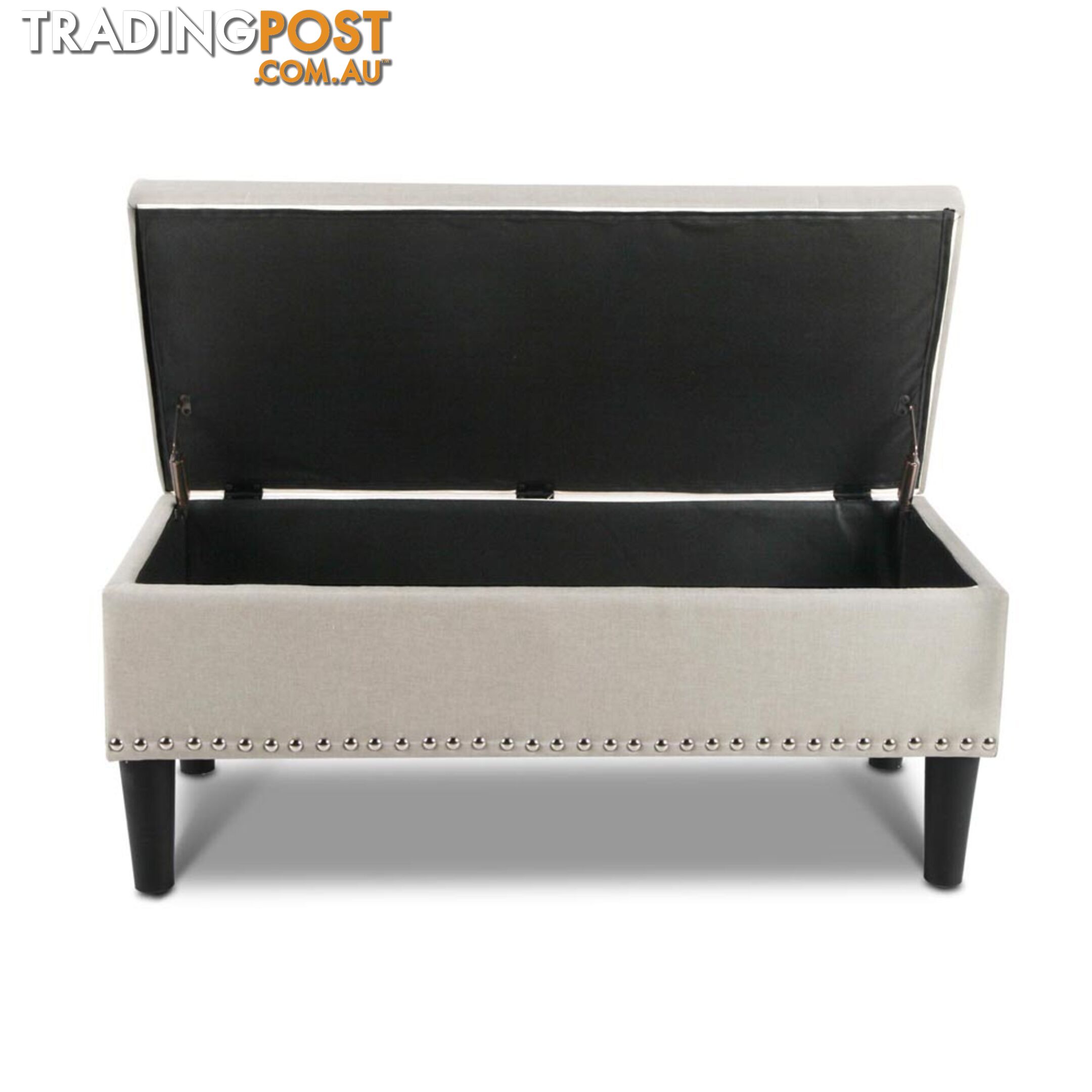 Linen Fabric Storage Ottoman with Studs _ Taupe