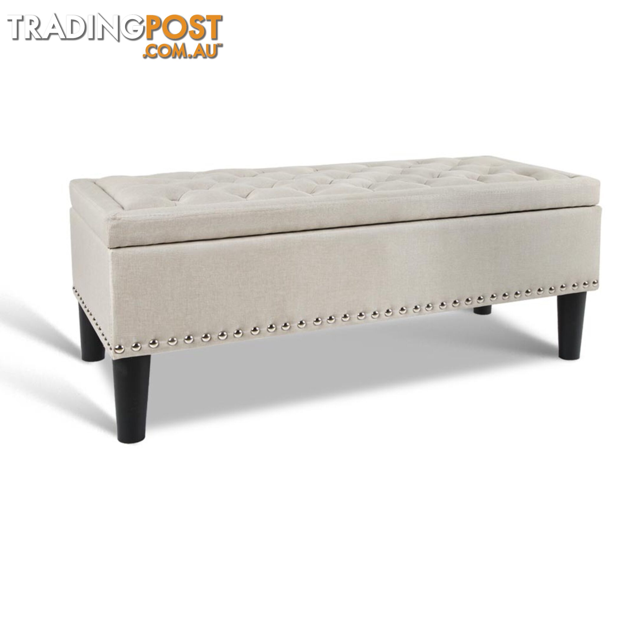 Linen Fabric Storage Ottoman with Studs _ Taupe