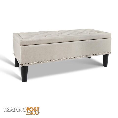 Linen Fabric Storage Ottoman with Studs _ Taupe