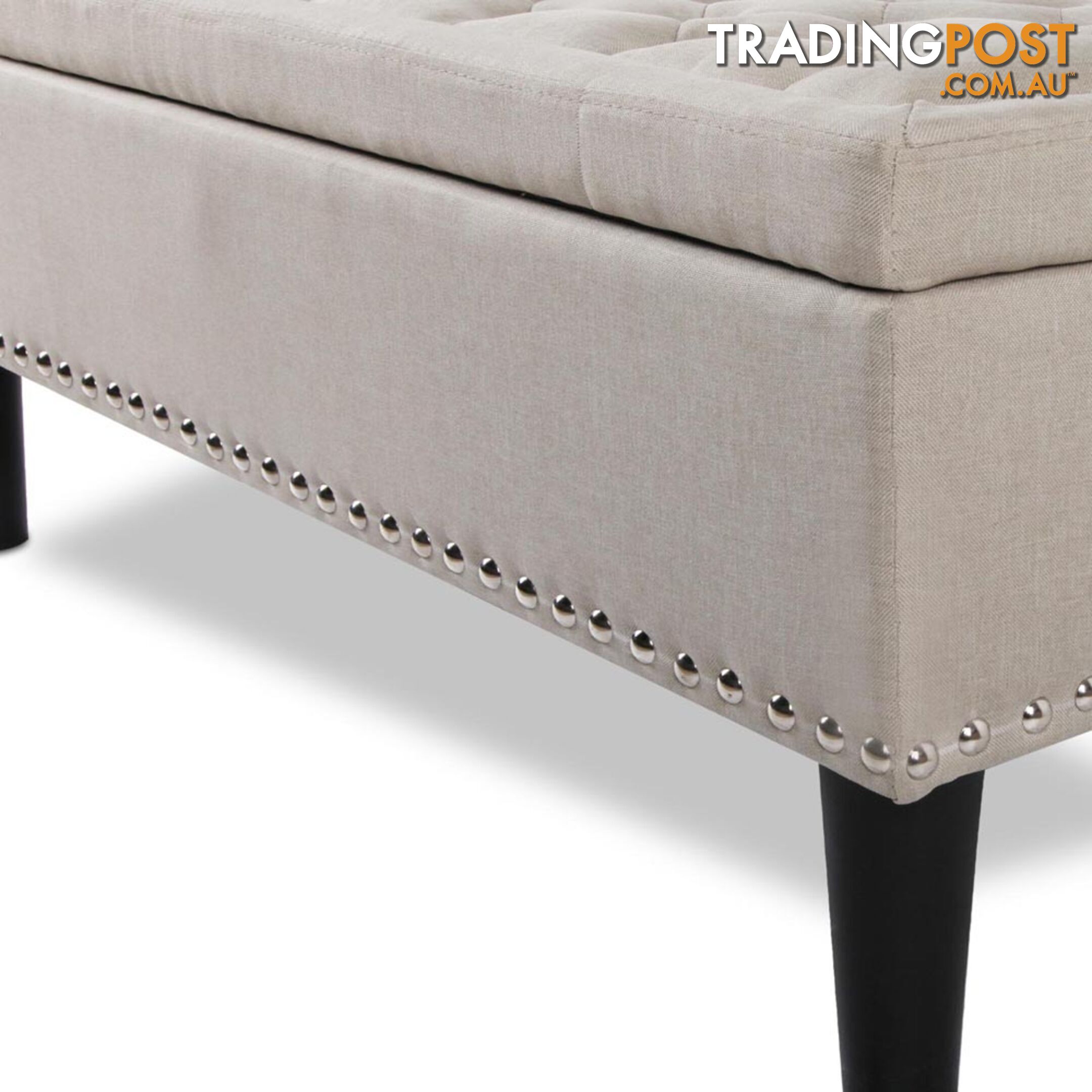 Linen Fabric Storage Ottoman with Studs _ Taupe