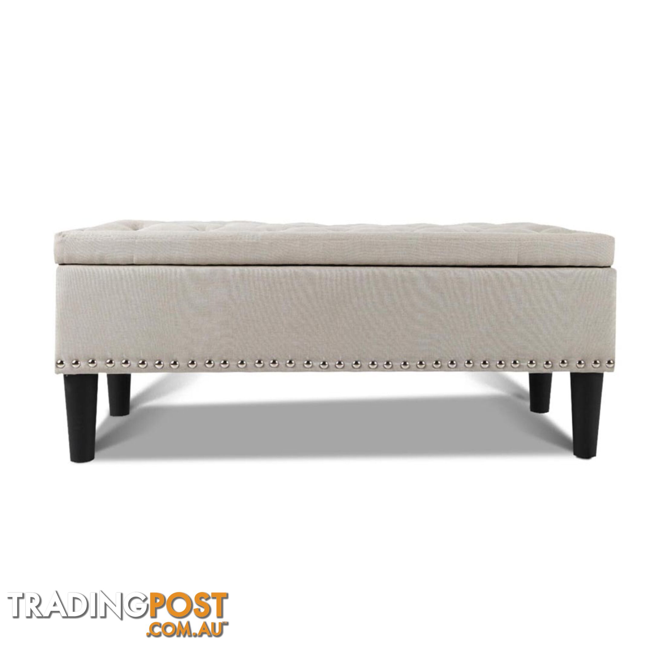 Linen Fabric Storage Ottoman with Studs _ Taupe