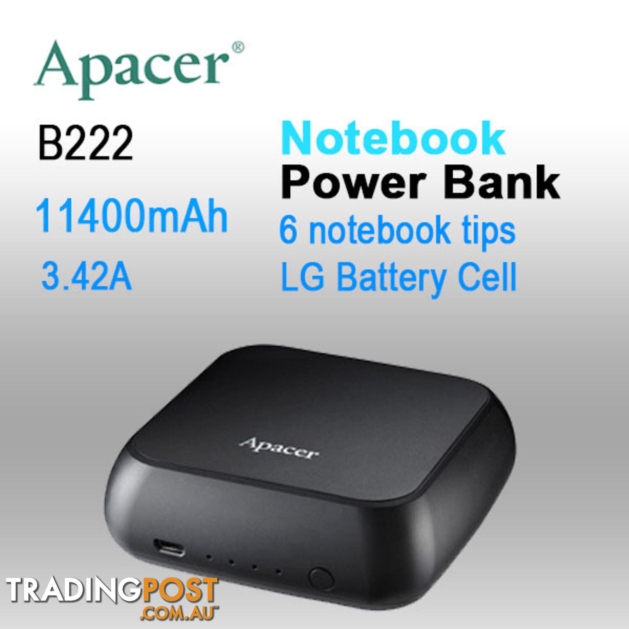 APACER mini NOTEBOOK POWER BANK B222 11400mAh with 6 tips,2x Fast USB Charger for Smart phone, Tablet etc.