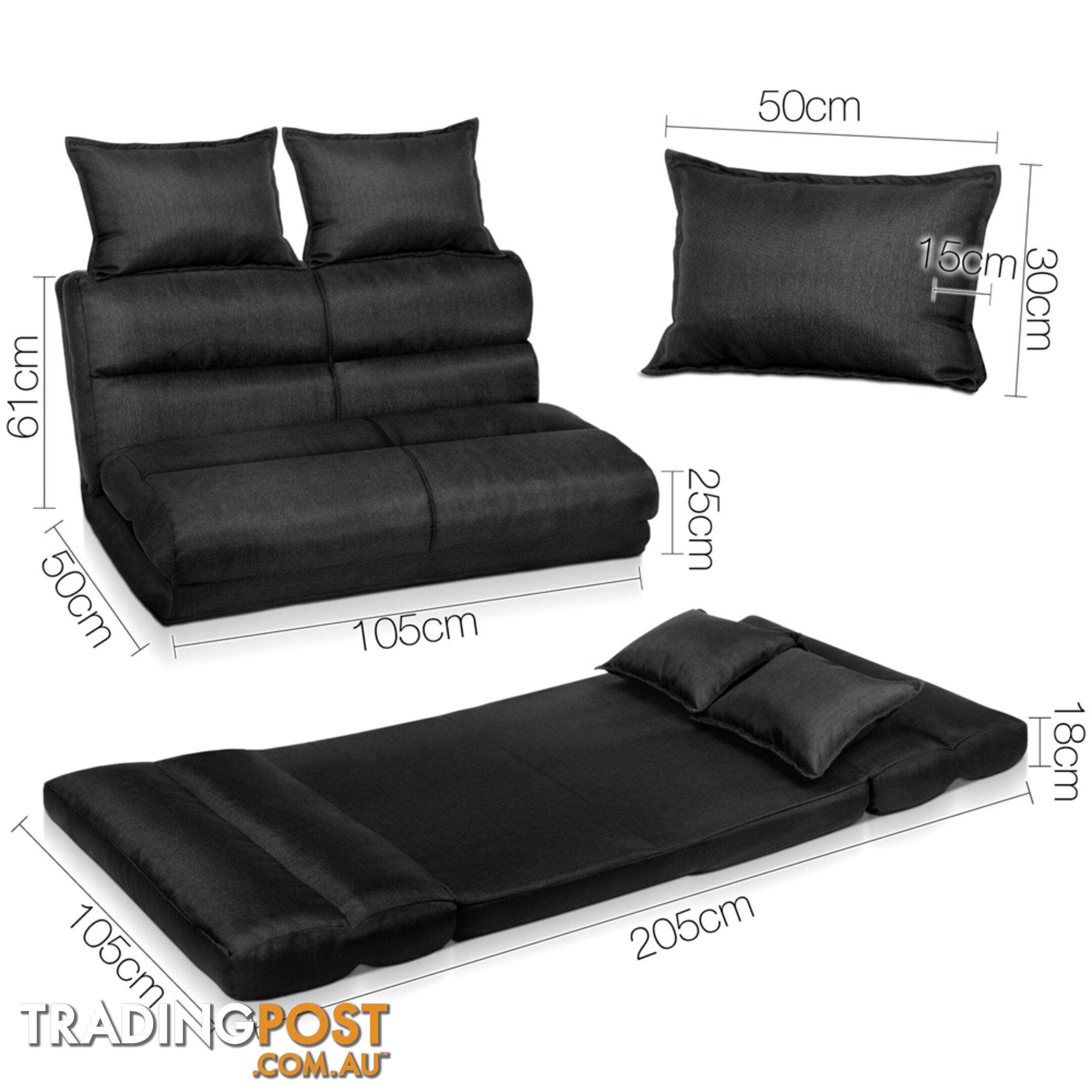 Double Size Adjustable Lounge Sofa - 5 positions Black