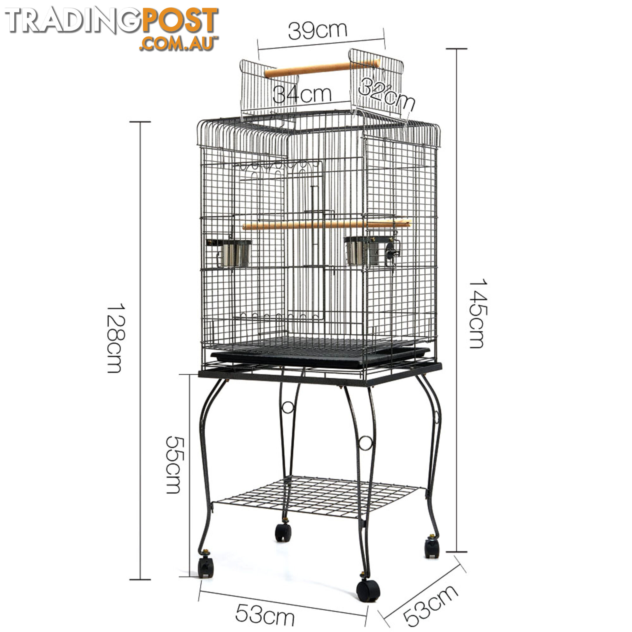 Parrot Pet Aviary Bird Cage w/ Open Roof 145cm Black