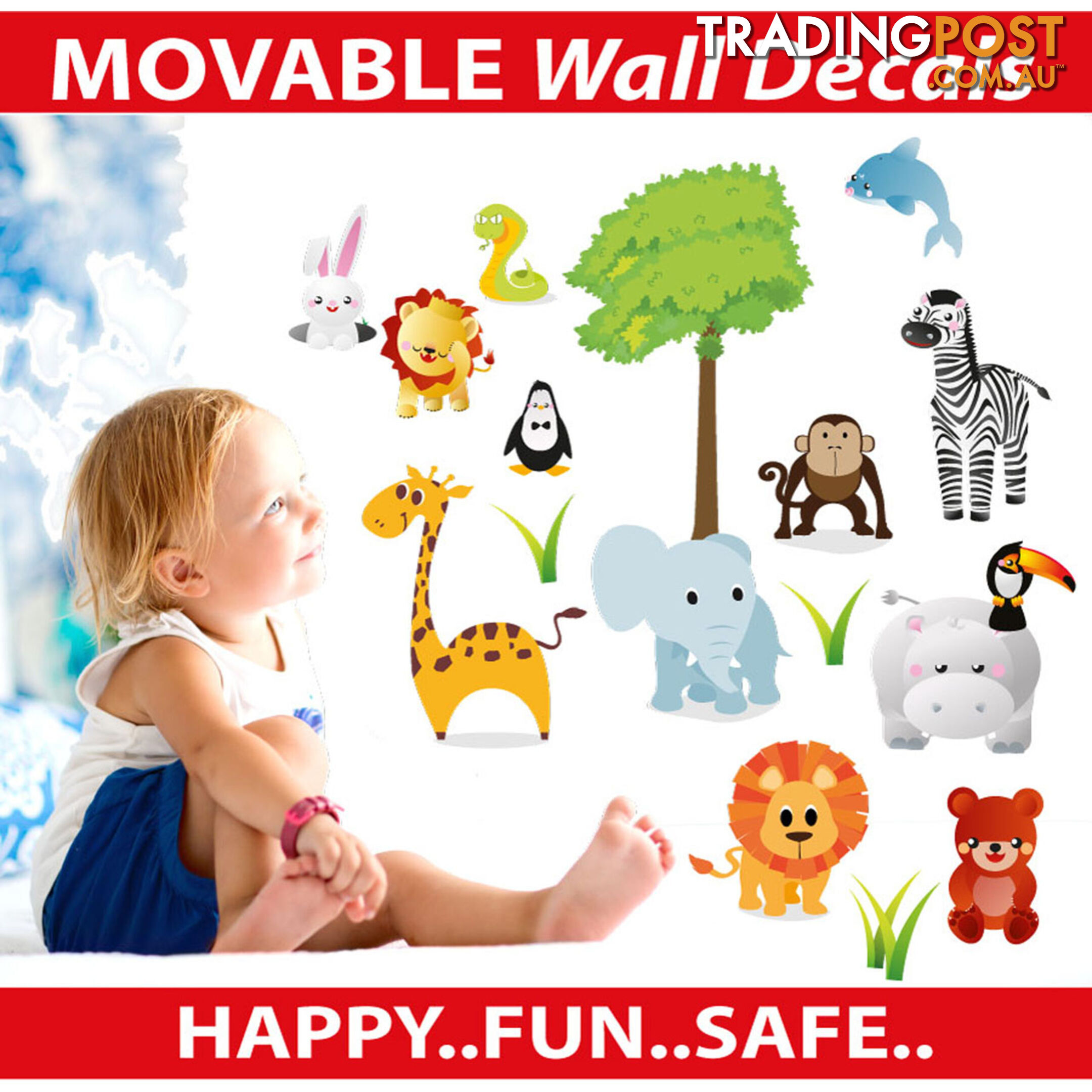 Medium Size Cute Zoo Animals Kids Wall Stickers - Totally Movable