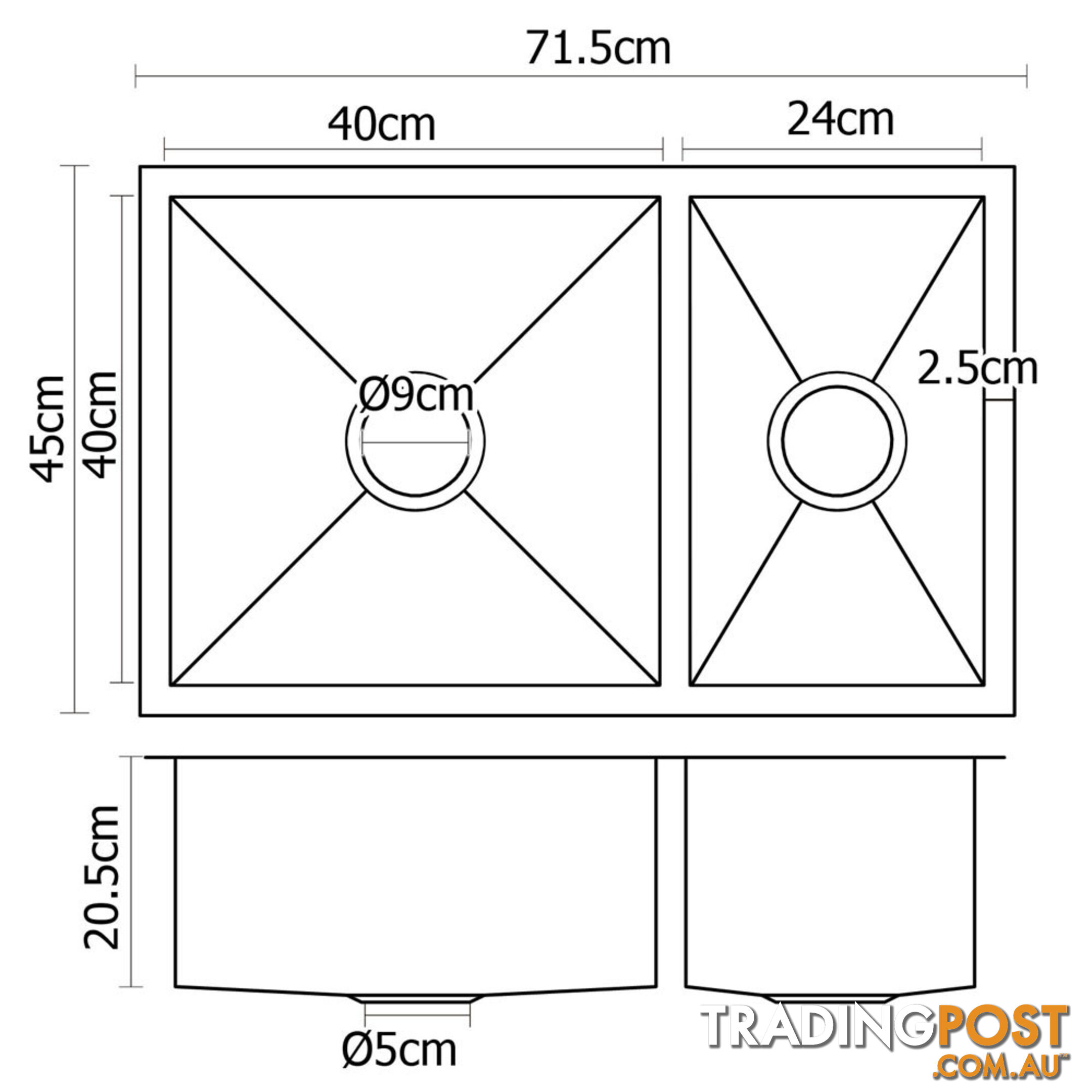 Stainless Steel Kitchen/Laundry Sink w/ Strainer Waste 715x450mm