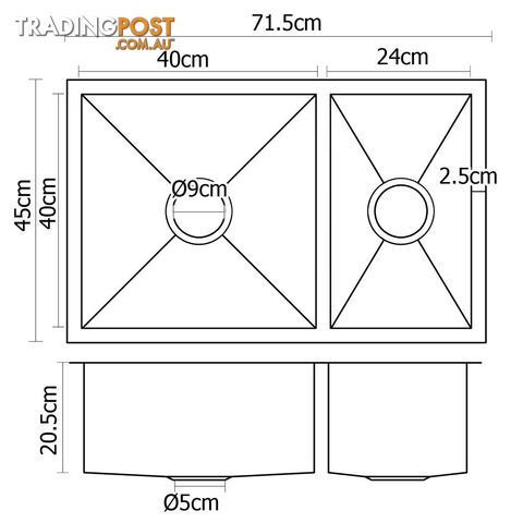 Stainless Steel Kitchen/Laundry Sink w/ Strainer Waste 715x450mm