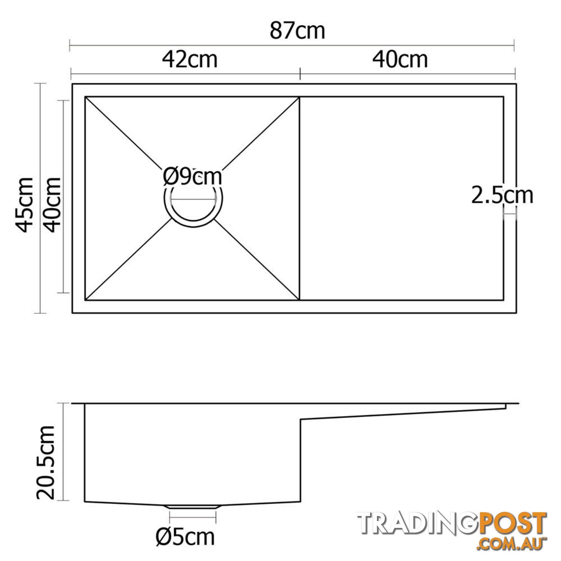 Stainless Steel Kitchen/Laundry Sink w/ Strainer Waste 870x450mm