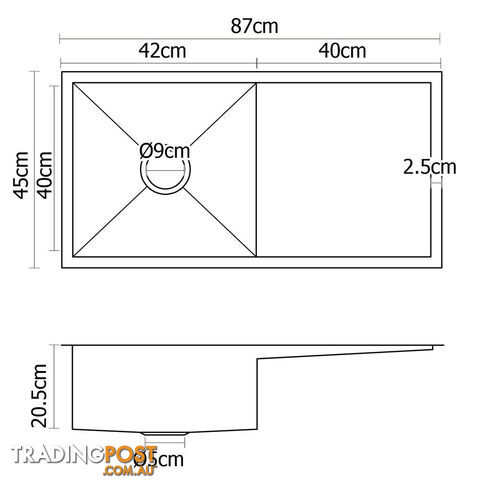 Stainless Steel Kitchen/Laundry Sink w/ Strainer Waste 870x450mm