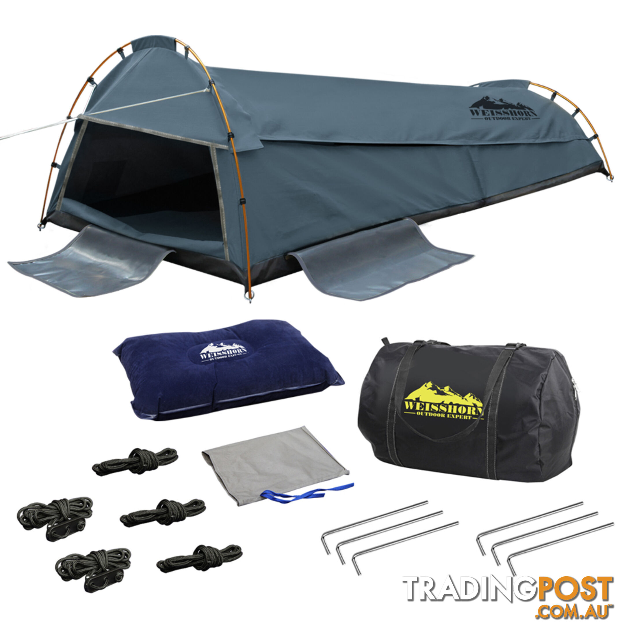 King Single Camping Canvas Swag Tent Navy w/ Air Pillow