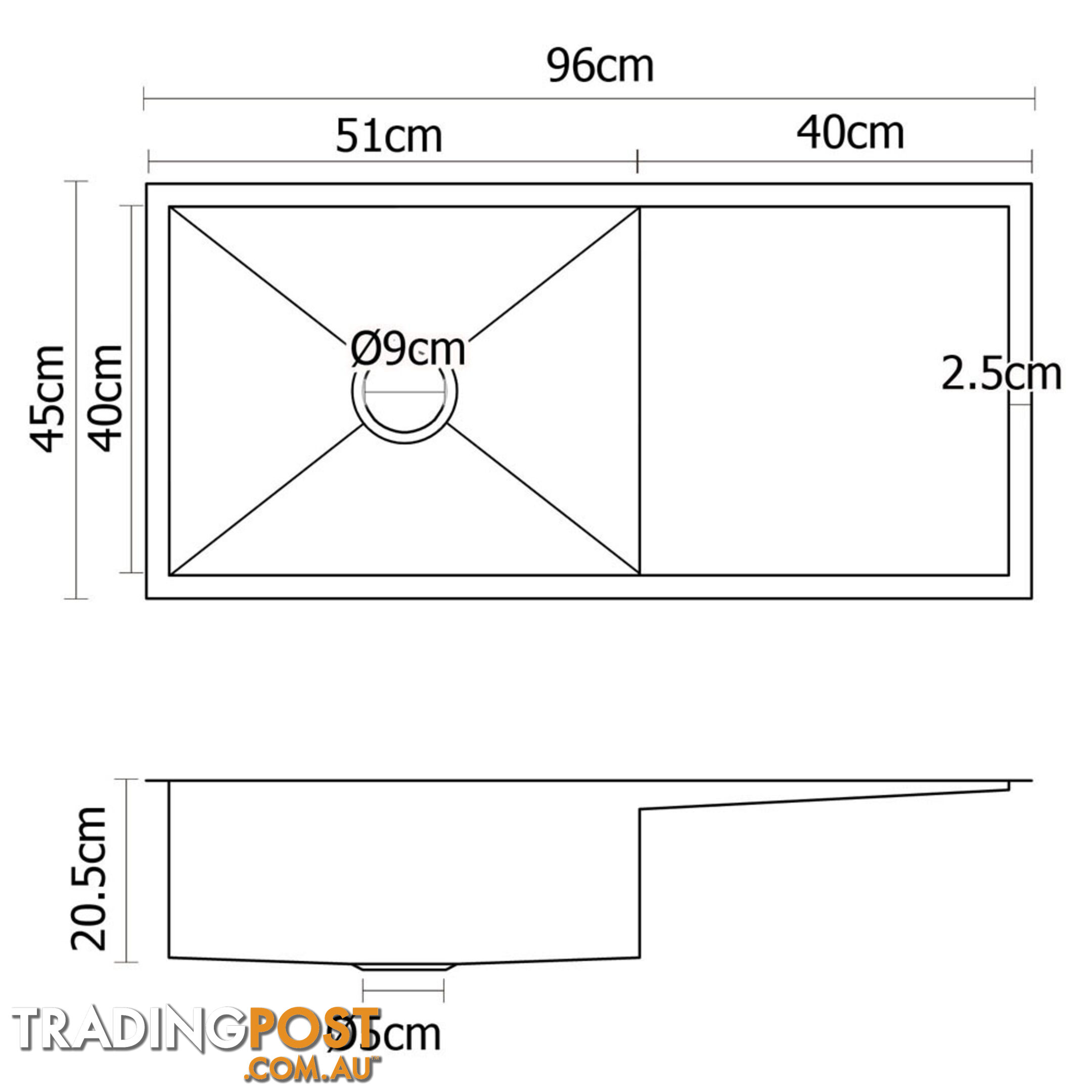 Stainless Steel Kitchen/Laundry Sink w/ Strainer Waste 960x450mm