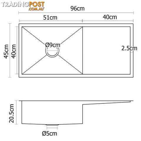 Stainless Steel Kitchen/Laundry Sink w/ Strainer Waste 960x450mm