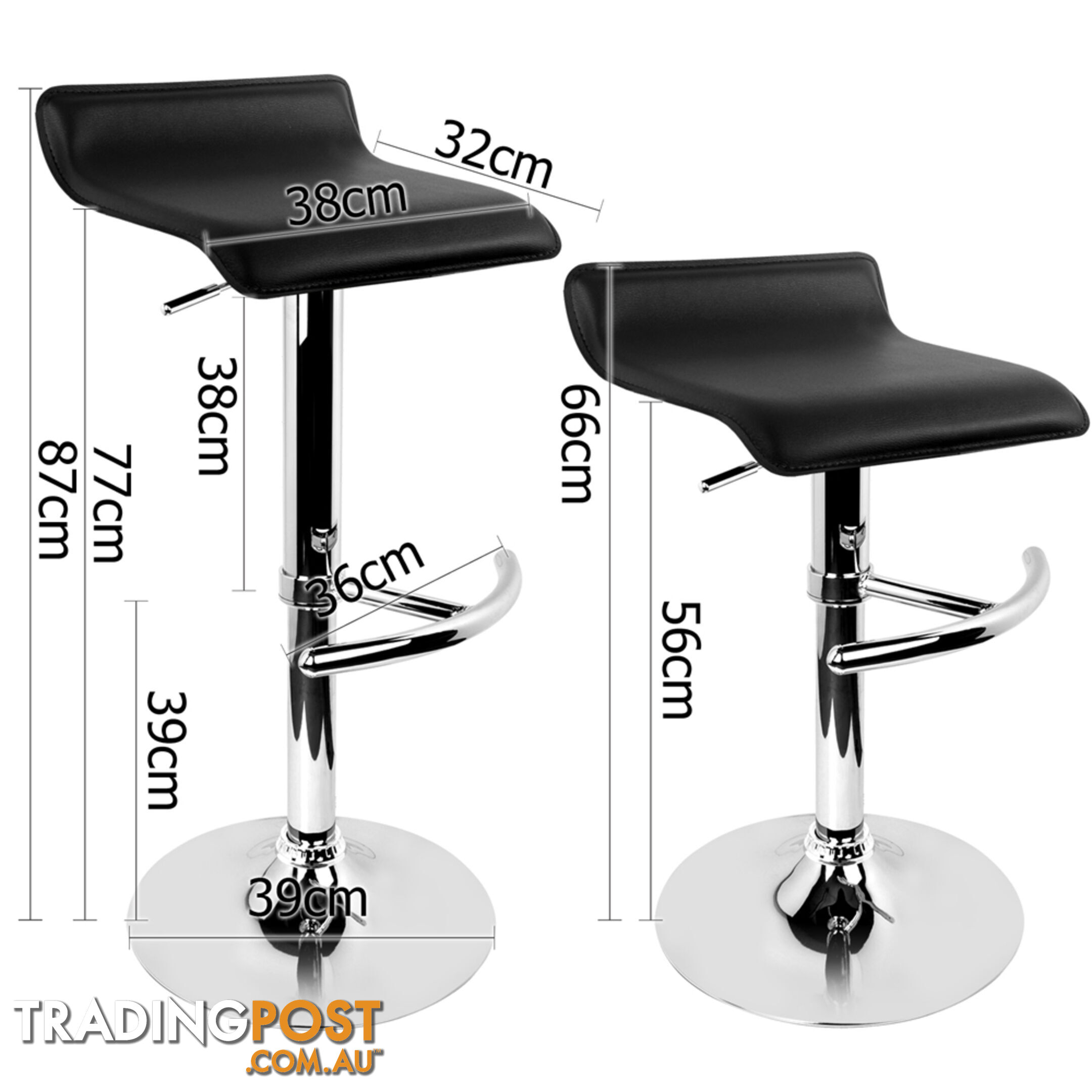 Set of 2 PVC Leather Kitchen Bar Stool Black